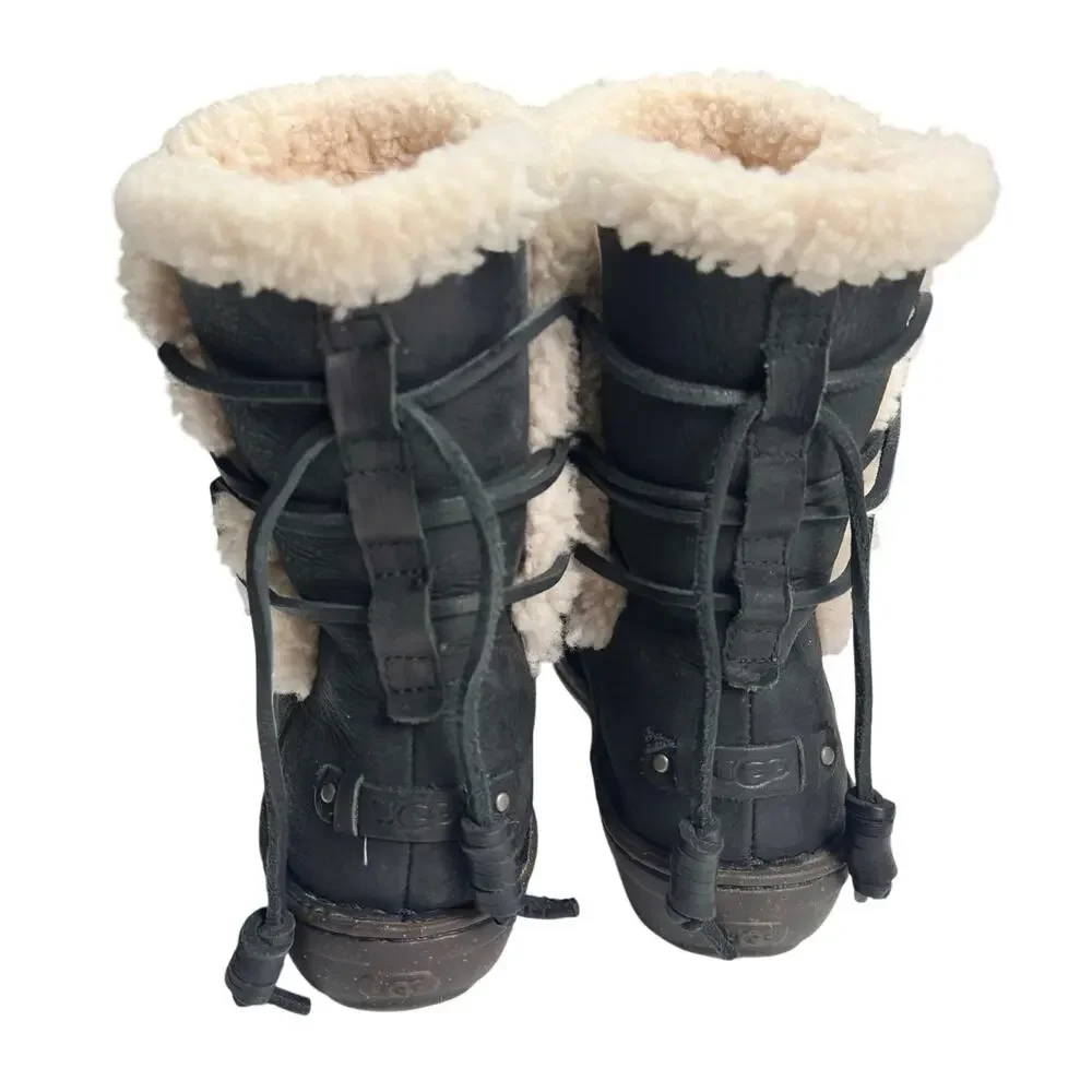Ugg | Women | Akadia Black Leather Sheepskin Fur Pull On Fall Boots | Size US 7